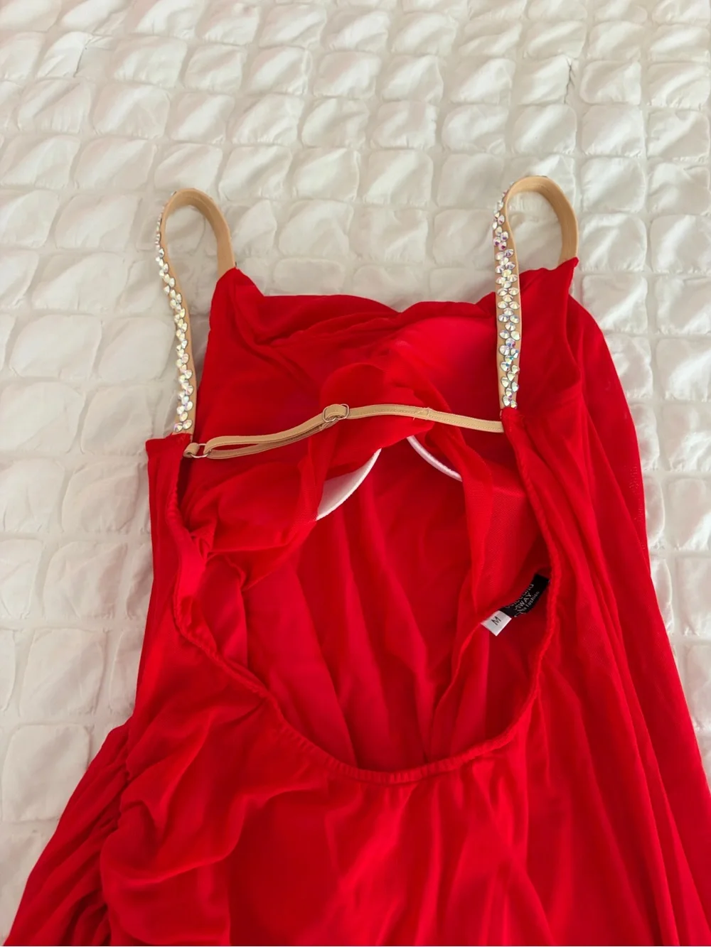 Red Draped Dance Dress with custom Rhinestone Straps.